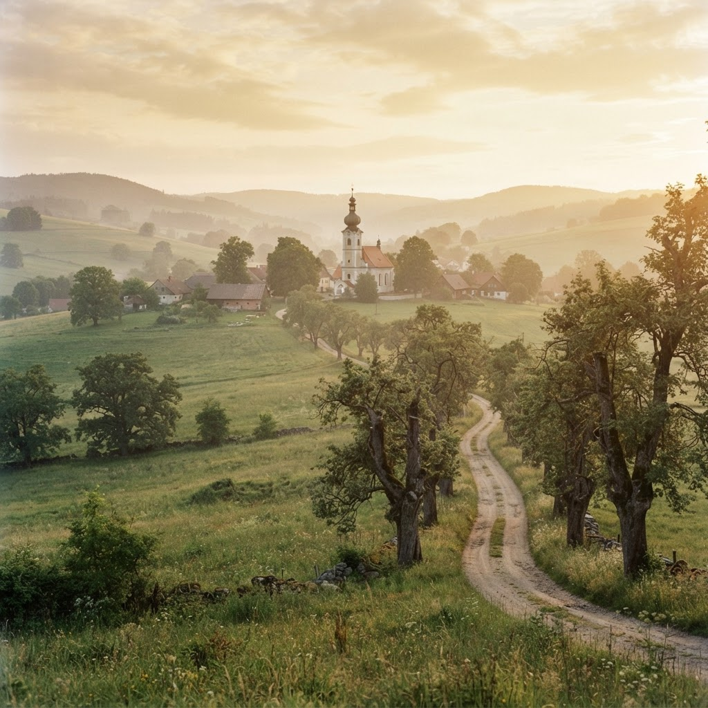 Krajina Městyse za soumraku s kostelem v dálce